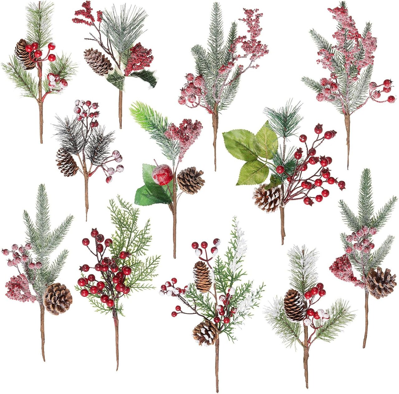 16 Inch Large Artificial Christmas Tree Picks – Assorted 12 Styles Holly Sprays with Pinecones & Leaves, Xmas Tree Filler Stems for Wreaths, Floral Arrangements & Winter Holiday Décor